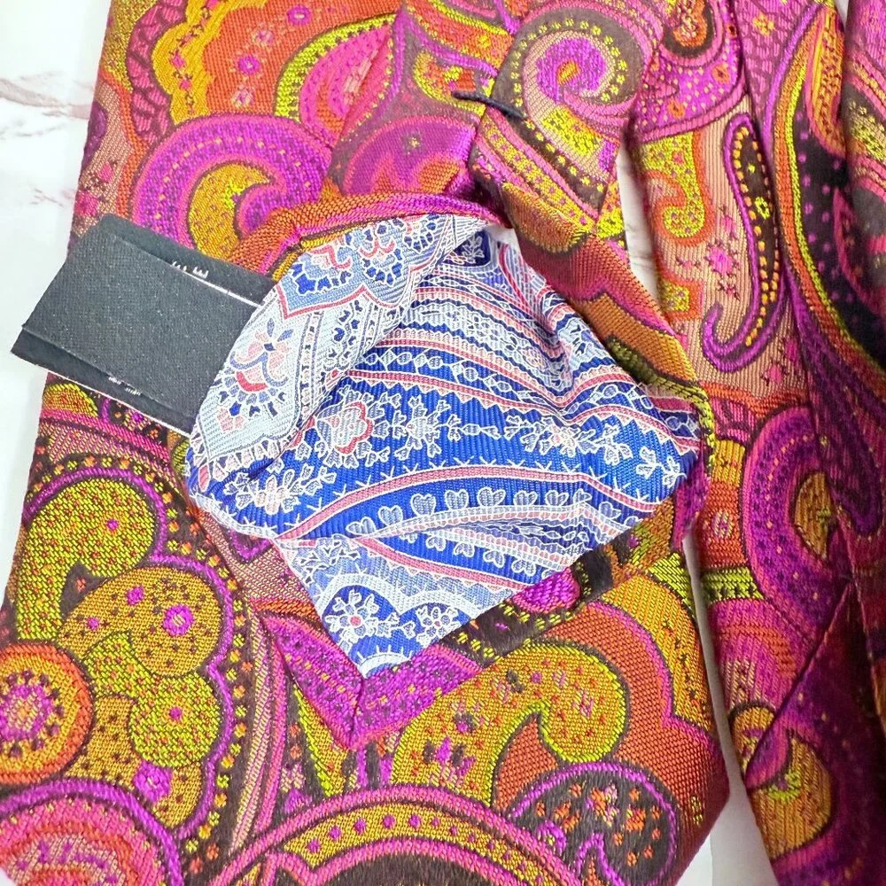 Ted Baker London 100% Silk Paisley Necktie Pink Gold Mustard Made In USA Retro - Picture 10 of 11